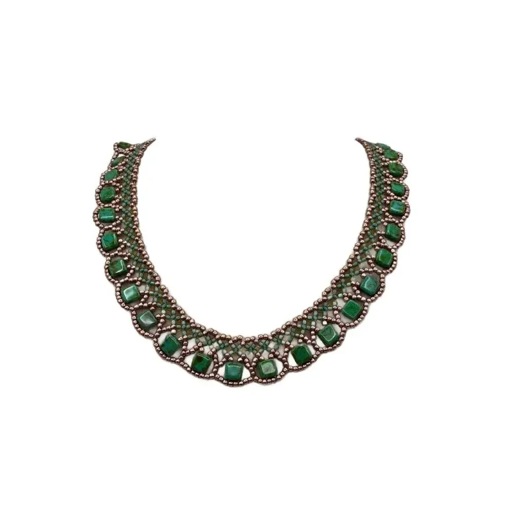 Vintage Green Glass Bead Collar Necklace, Egyptian Revival - Picture 7 of 11